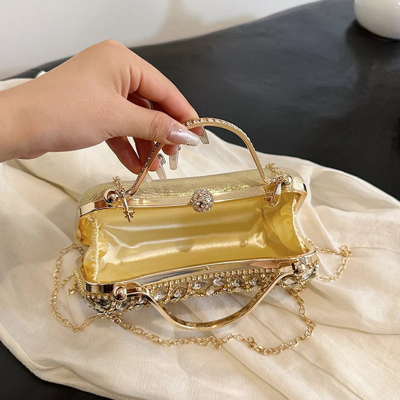 Gold Evening Clutch Bag For Women Luxury Diamond Party Purse Handbag Fashion Tassel Shoulder Crossbody Box Lipstick Bag Designer