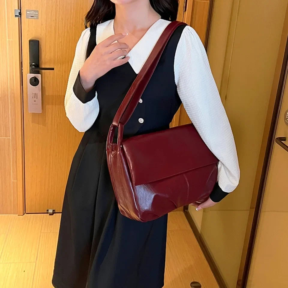 Burgundy Large Leather Bag Women Luxury Brand Designer Solid Color Crossbody Bag Soft Casual Shoulder Bag Women Bolsa Purse