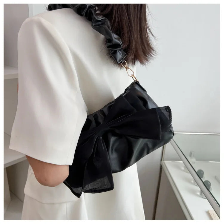 Fashion Casual Handbags For Women Cute Bow Black White Blue Kahki PU Handbags Trendy Daily Shoulder Underarm Bags bolsa feminina