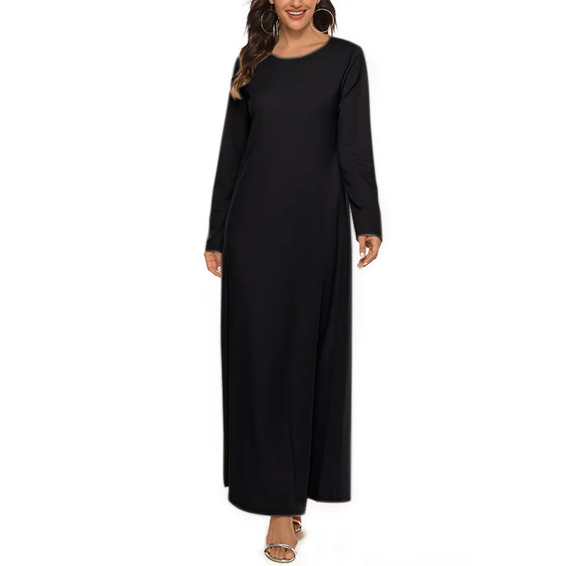 Women's Muslim Worshipwear Basic Long sleeved Laydown Round Neck Dress Middle Eastern Solid Color Robe