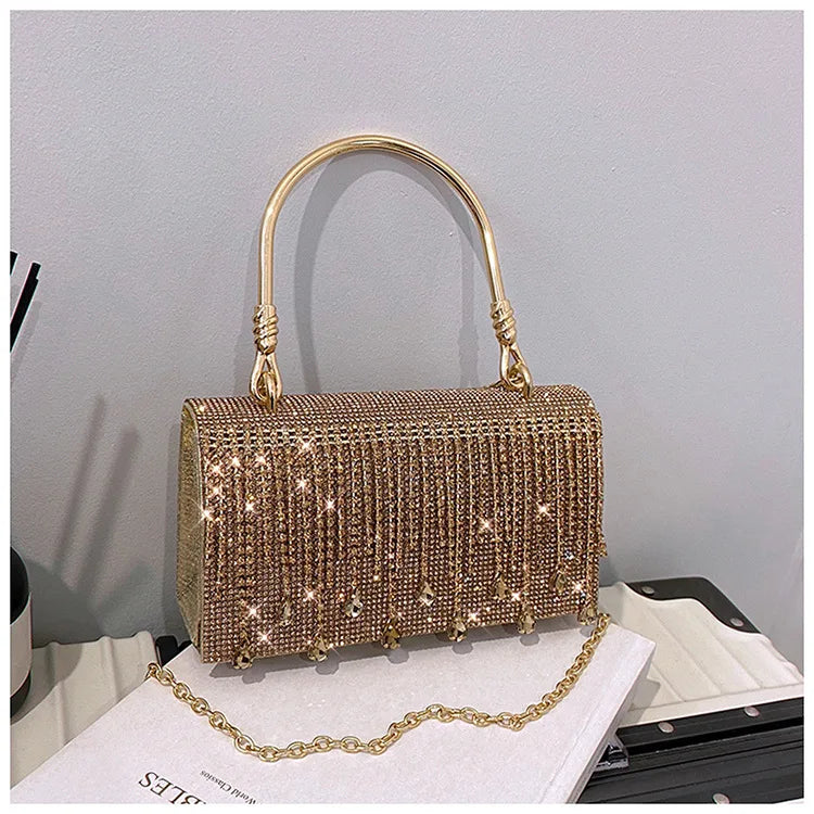 Luxury Golden Shoulder Bag 2025 New for Women, Elegant Rhinestone Clutch Purse, Versatile Crossbody Bag with Adjustable Chain