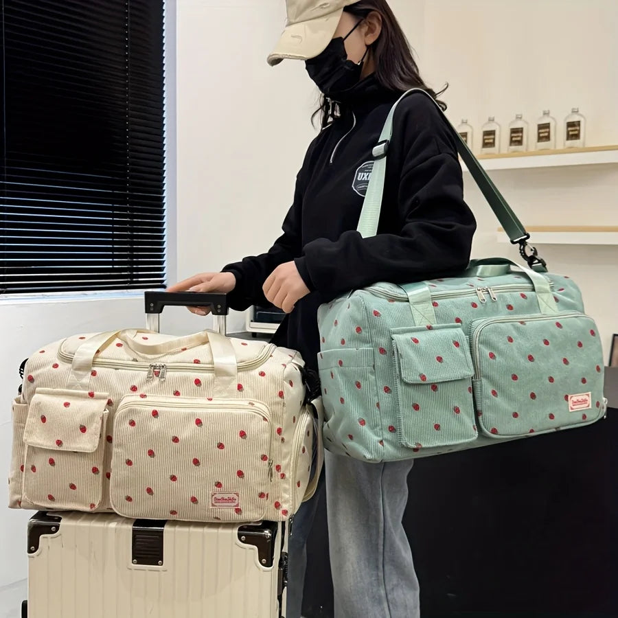 Large Capacity Strawberry Print Duffel Bag with Multiple Compartments - Ideal for Travel, Gym, and Everyday Use, Casual Style