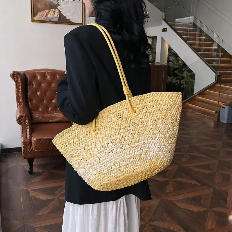 Summer Seaside Beach Bag Hand-woven Large Capacity Straw Tote Bag Gradient Color Design Women 's Travel  Vacation Shoulder Bag