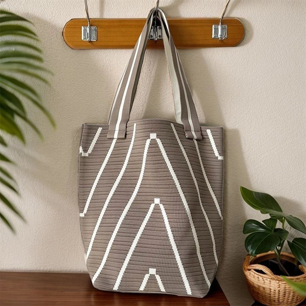 Striped Hobo Shoulder Bags Women Zipper Bucket Bags Canvas Tote Bag Simple Handbag Daily Commuting Bag Travel Top-Handle Bags