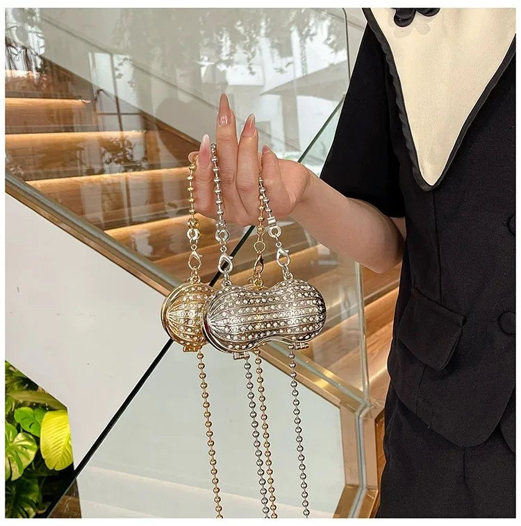 Luxury Diamond Inlay Peanut Shape Crystal Clutch Purse Stones Evening Wedding Party Shoulder Bag Handle Rhinestone Mini Handbags