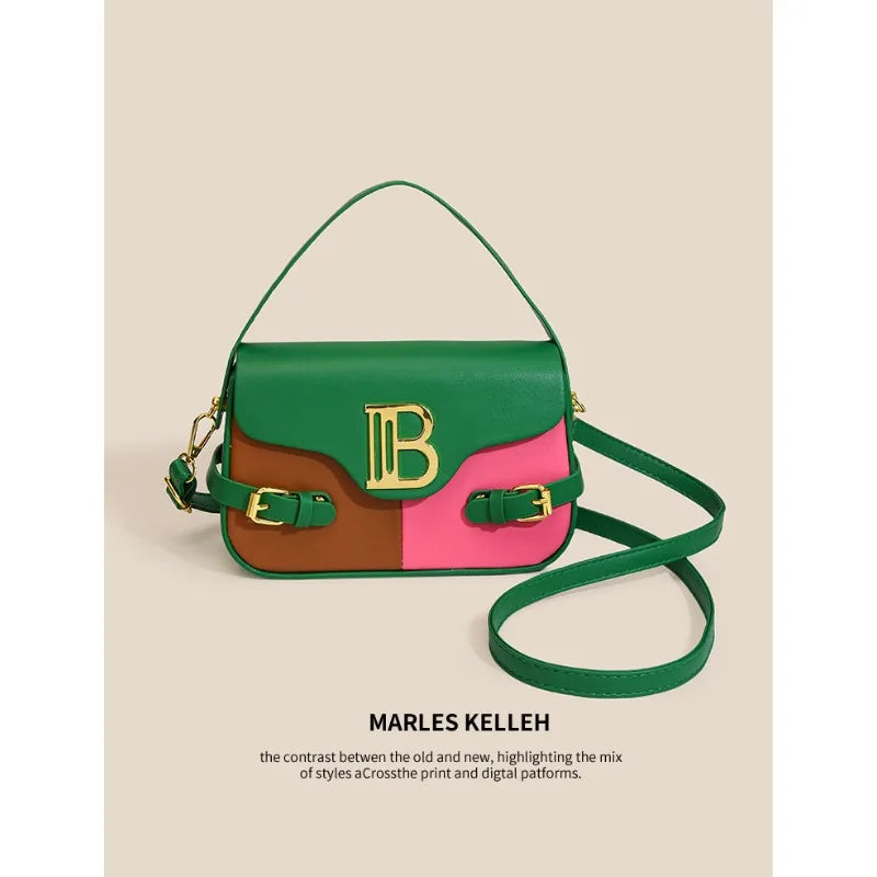 Luxury women's crossbody bag with color-blocking and stitching, box-style multi-color textured light luxury commuter bag.