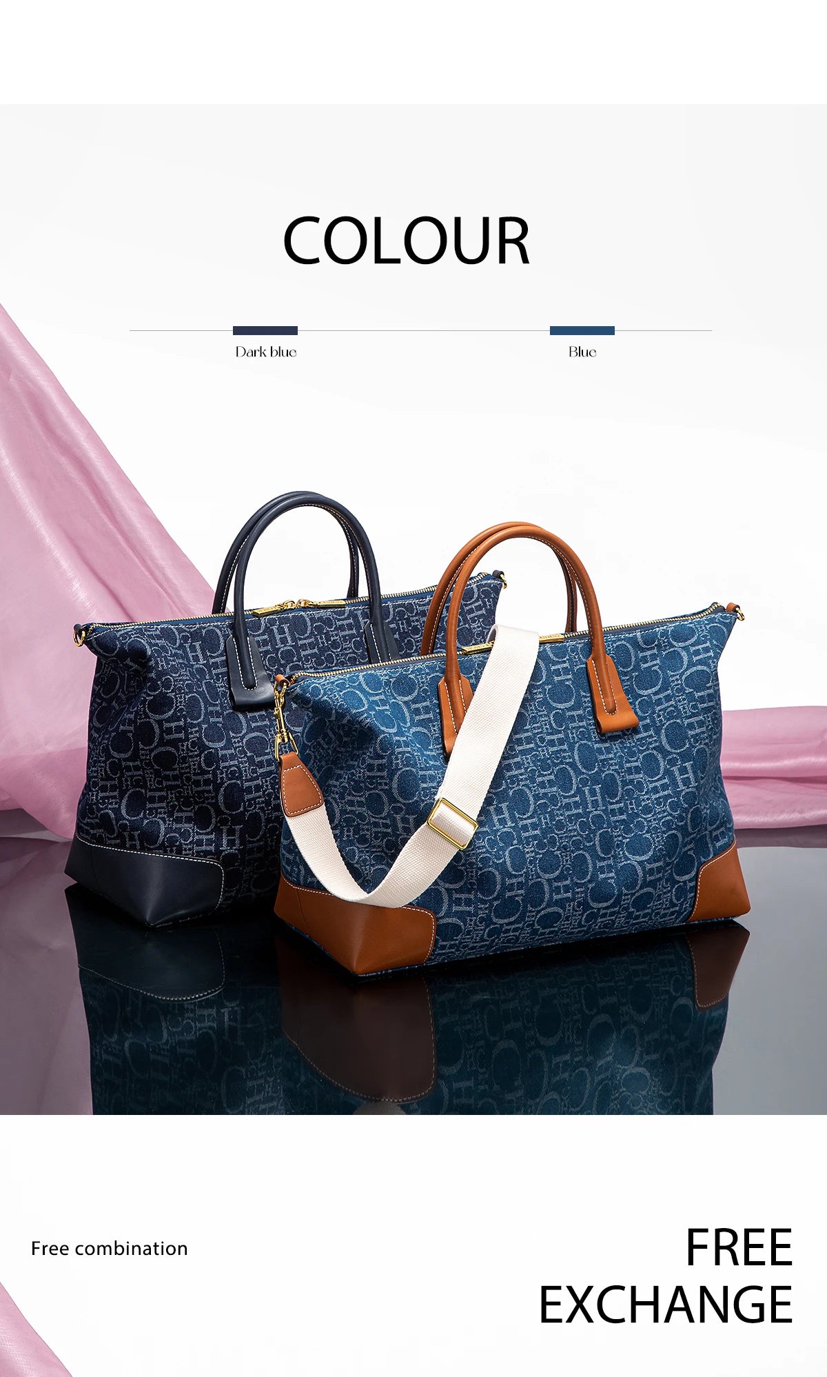 Geometric Letter Pattern Travel Totes – Sophisticated Blue Fabric  Leather Accents Metallic  for Urban Mobility Chic Versatility