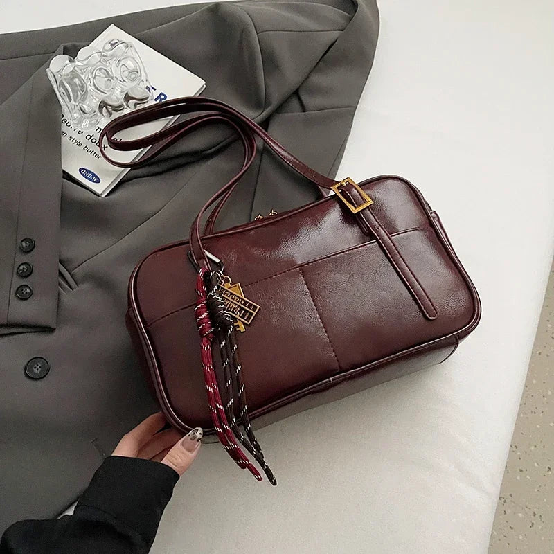 Luxury Black PU Leather Crossbody Bag for Women - Golden Buckle Strap & Red/Black Plaid Tassel, Y2K Underarm Bags Work Bag