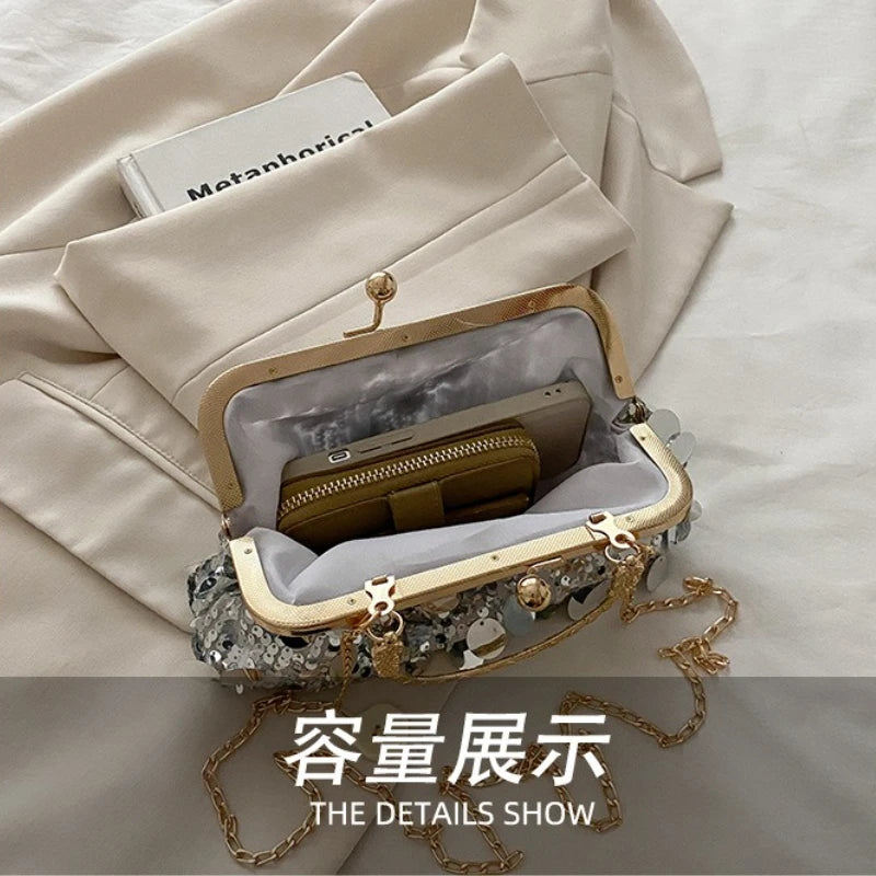 Elegant Sequined Evening Shoulder Bags for Women Solid Color Ladies Clip Chain Crossbody Bag Casual Female Shell Handbags Purse