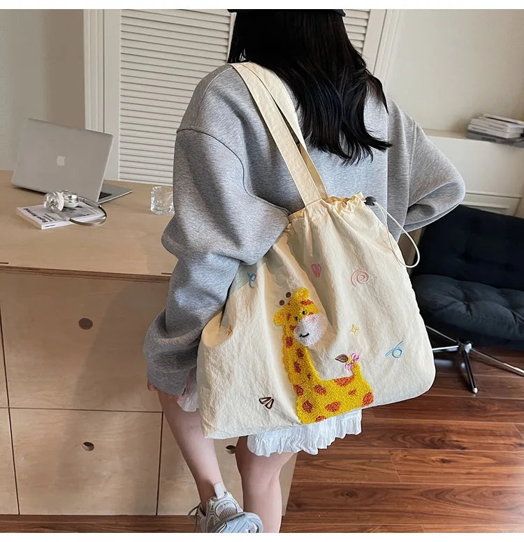 Leisure Large Capacity Single Shoulder Bag Trendy Embroidered Nylon Tote Bag School Style Sweet Handle Bag