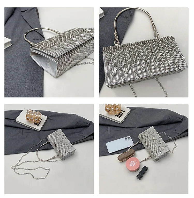 Luxury Golden Shoulder Bag 2025 New for Women, Elegant Rhinestone Clutch Purse, Versatile Crossbody Bag with Adjustable Chain