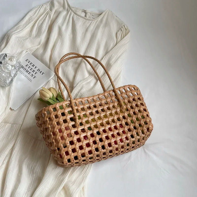 LEFTSIDE Small Solid Color Weave Tote Bags for Women 2025 Fashion Summer Shoulder Bags Simple Handbags Hollow Out Beach Bag