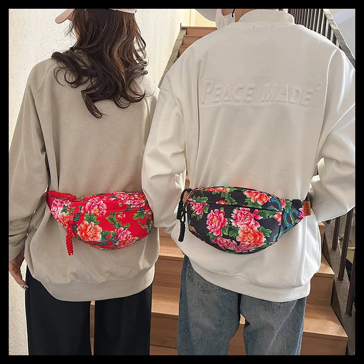 Women Fanny Bag Pack Large Flower Nylon Belt Bags Fashion Waist Pack Zipper Bag Adjustable Lightweight Multifunction Waterproof
