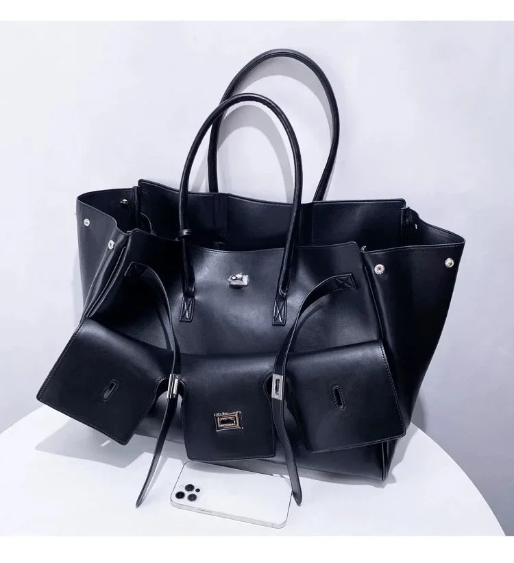 Luxury Brand Silver Buckle Fashion Genuine Leather Handbag New Large Capacity Tote Bag Designer Women's Commuter Shoulder Bag