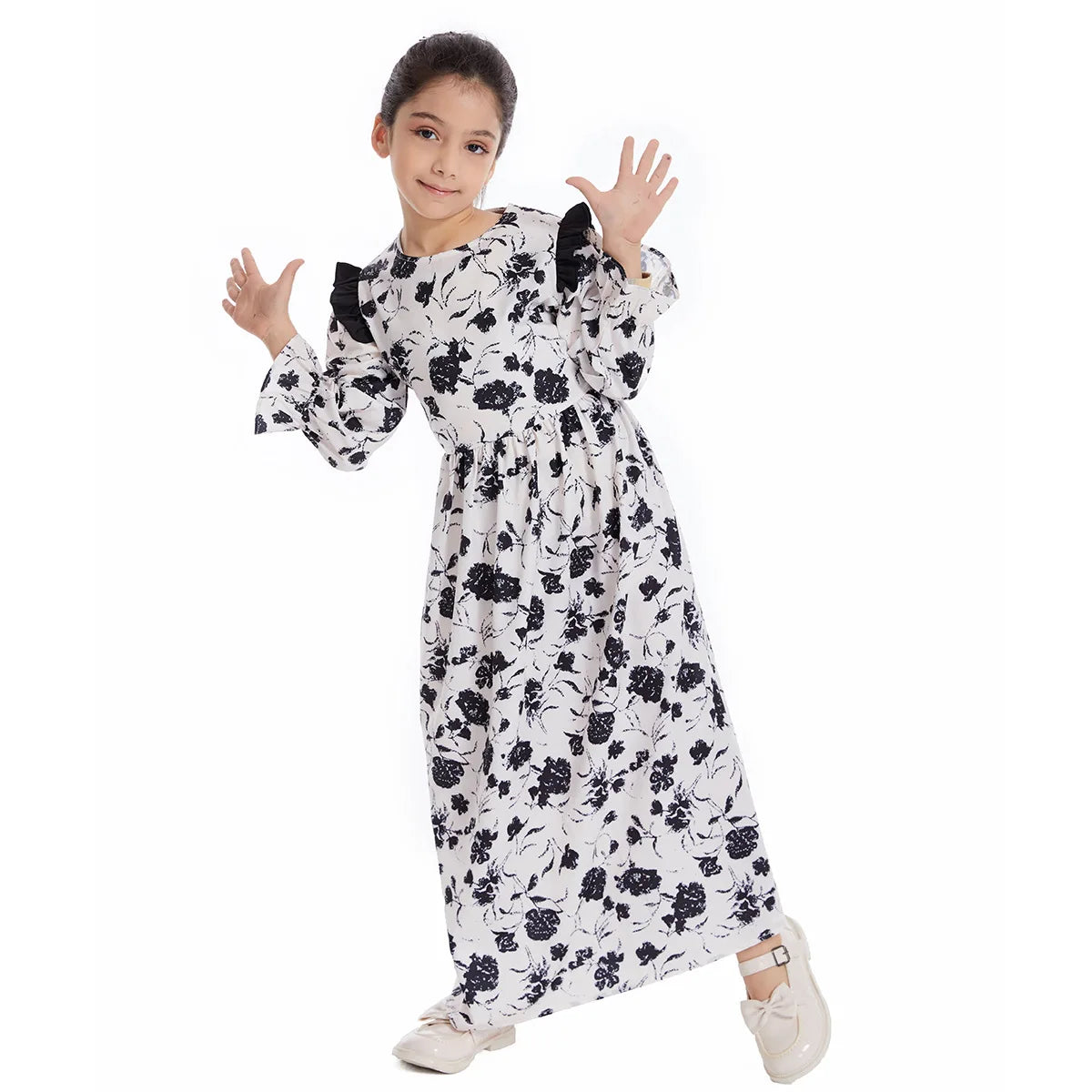 Abaya Girls Long Sleeve Dresses,Muslim Floral Dress for Kids,Conservative Outfits,Full Cover Robe Gown,Children's Beaching Dress