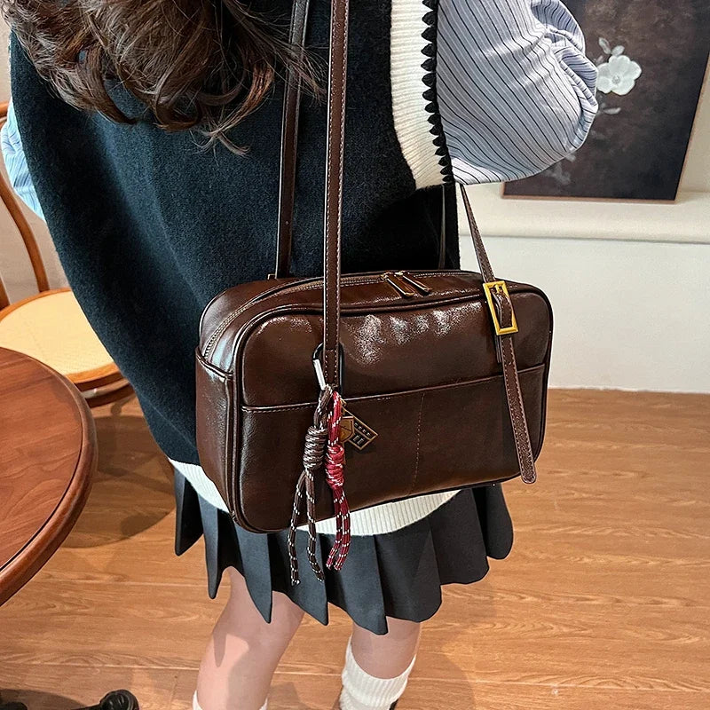Luxury Black PU Leather Crossbody Bag for Women - Golden Buckle Strap & Red/Black Plaid Tassel, Y2K Underarm Bags Work Bag