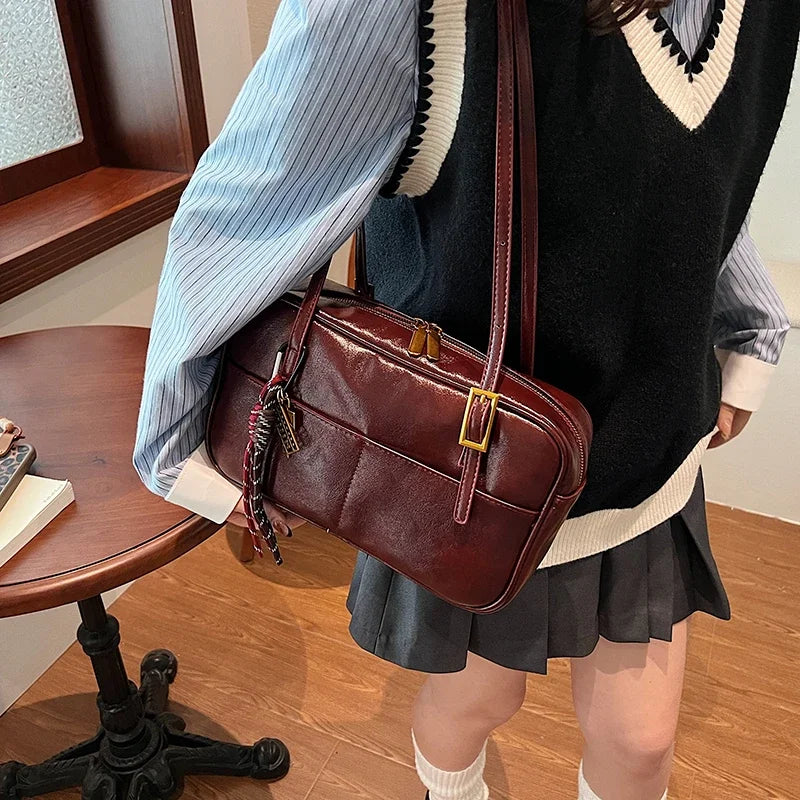 Luxury Black PU Leather Crossbody Bag for Women - Golden Buckle Strap & Red/Black Plaid Tassel, Y2K Underarm Bags Work Bag