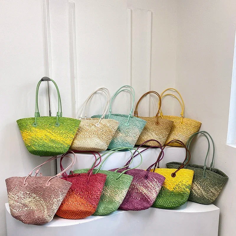 Summer Seaside Beach Bag Hand-woven Large Capacity Straw Tote Bag Gradient Color Design Women 's Travel  Vacation Shoulder Bag
