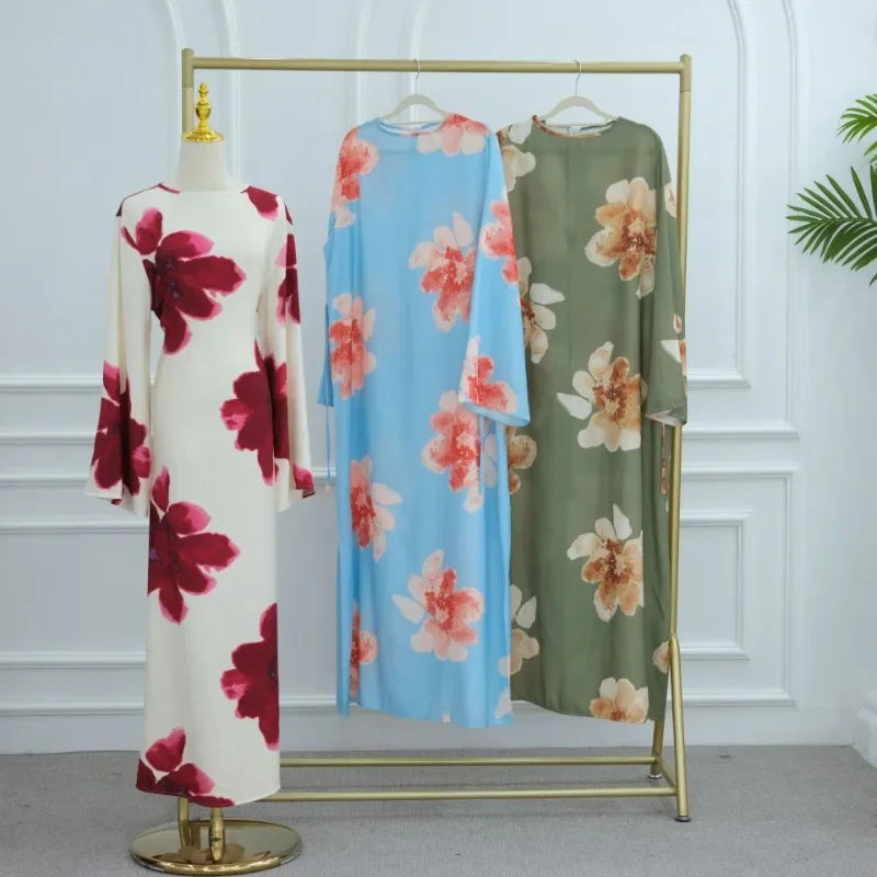 Elegant Floral Print Abaya Dress for Muslim Women Modest Full-Length Ankle-Grazing Maxi Robe 2025 Summer Islamic Turkey Outfit