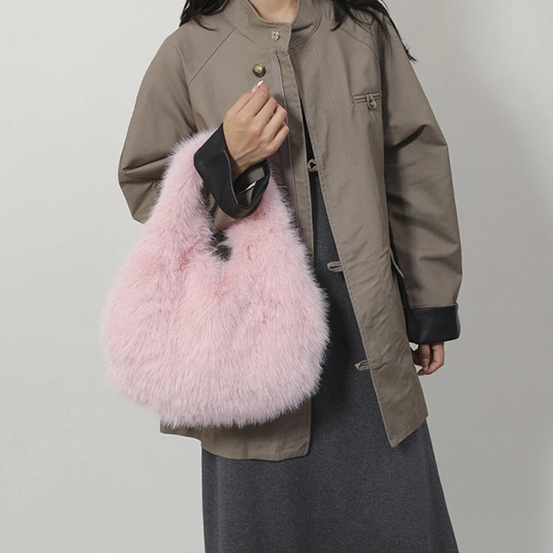 Small Hobo Handle Bags for Women Shoulder Bags Designer Furry Purse and Handbags Fashionable Cute Female Plush Bag