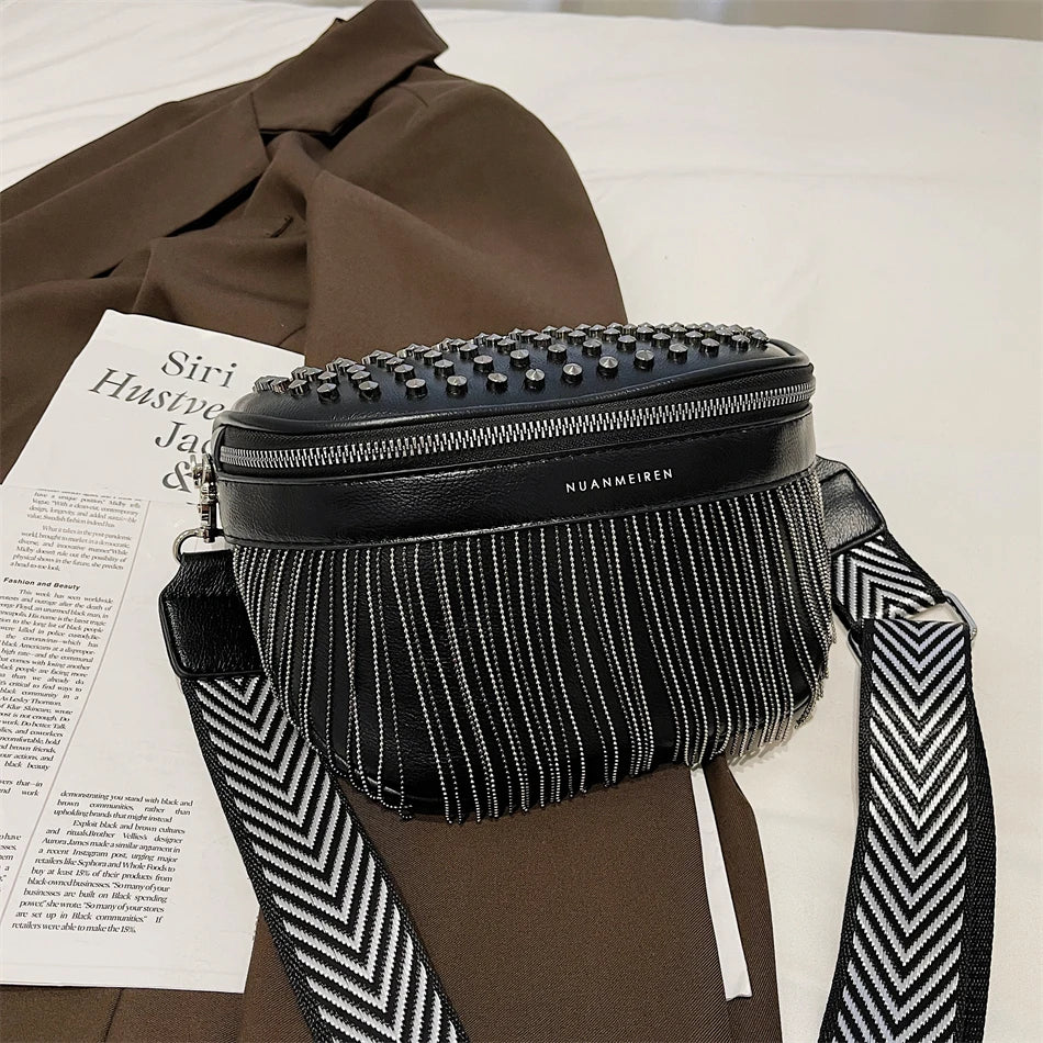 Luxury Woman Chest Bag Fashion Tassel Leather Large Capacity Crossbody Sling Bag Women Waist Bag Casual Rivet Design Travel Sac