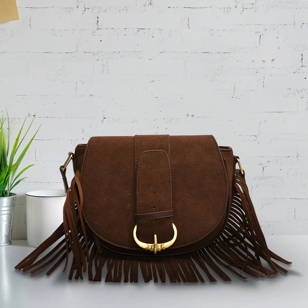 Women Suede Crossbody Bag with Tassels Shoulder Bag Zipper Closure Handbag Satchel Bag for Work Travel