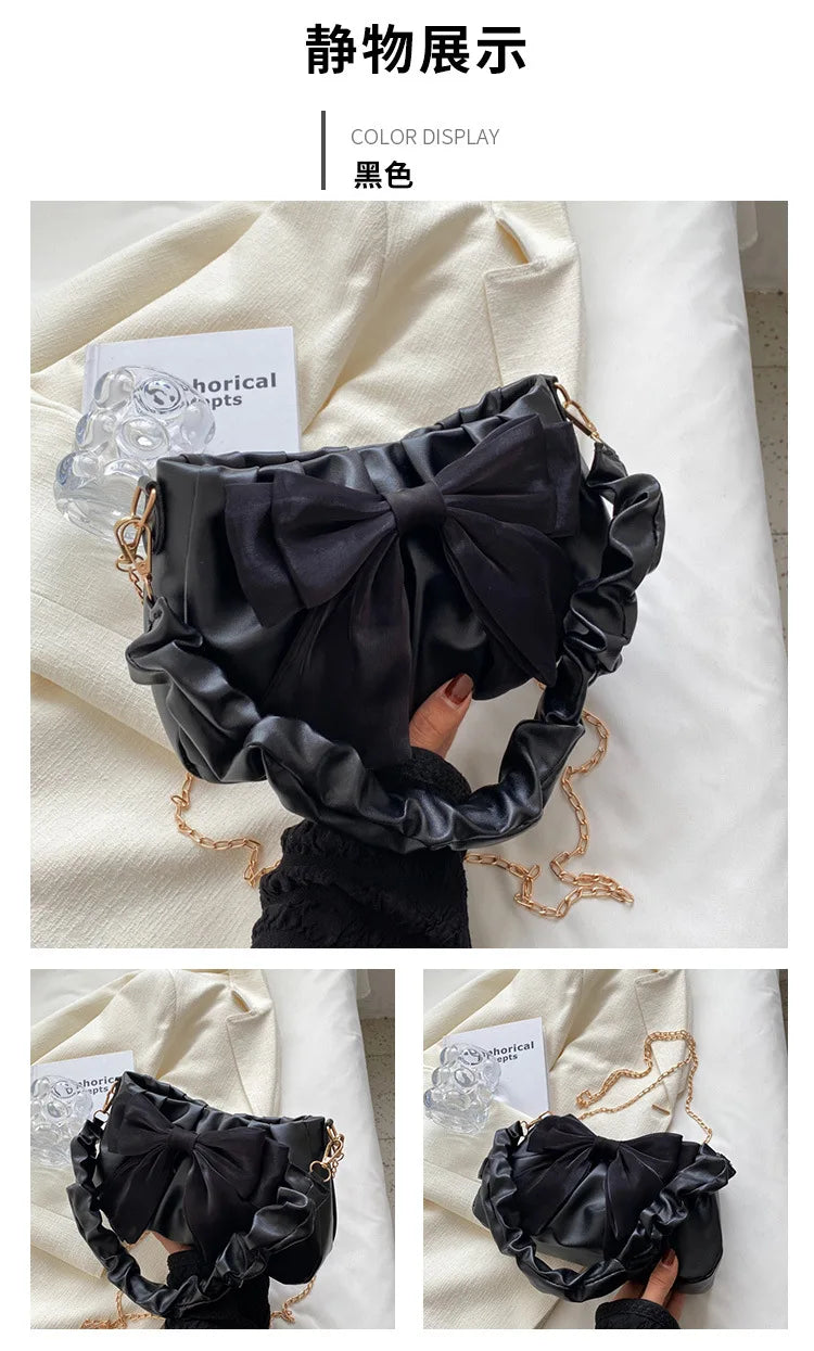 Fashion Casual Handbags For Women Cute Bow Black White Blue Kahki PU Handbags Trendy Daily Shoulder Underarm Bags bolsa feminina