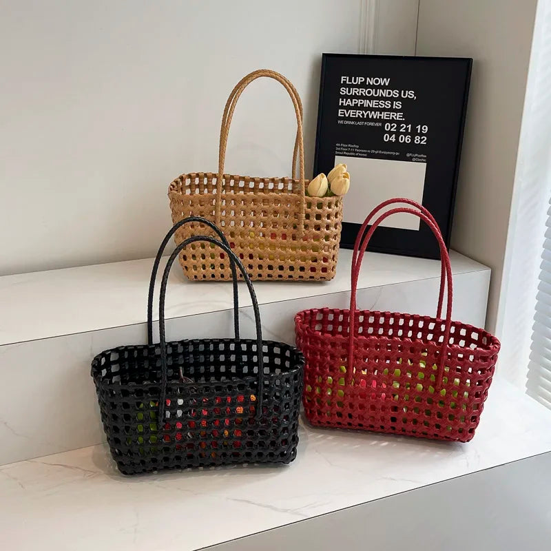 LEFTSIDE Small Solid Color Weave Tote Bags for Women 2025 Fashion Summer Shoulder Bags Simple Handbags Hollow Out Beach Bag