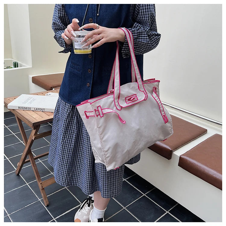 Funny Design Large Capacity Tote Bags 2025 New Casual Lightweight Nylon Shoulder Bag Versatile Canvas Bag Women Shopping Handbag
