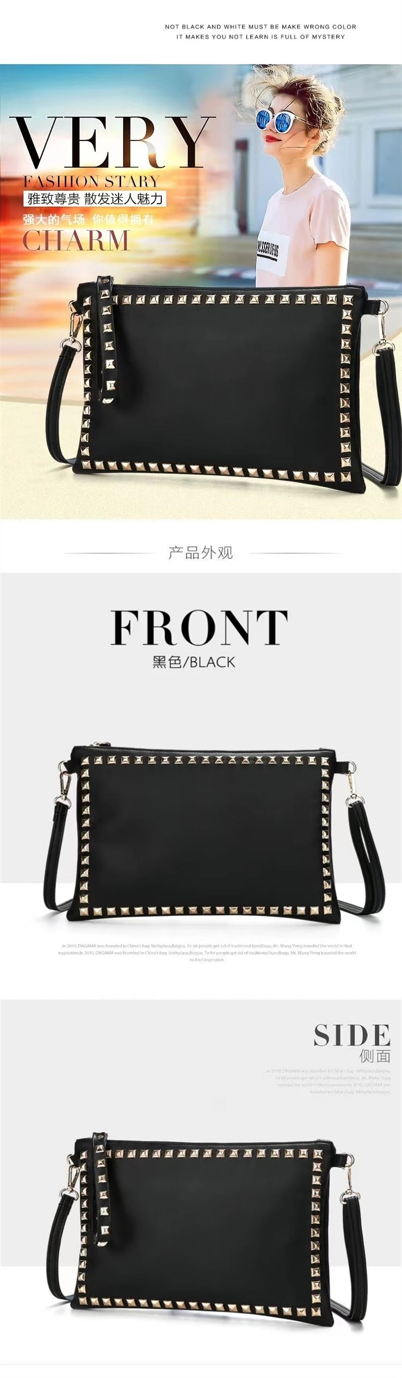 Leather Rivet Handbags for Women, Daily Clutches, Black Envelope, Evening Party Bag, High Quality, Female Shoulder Bags