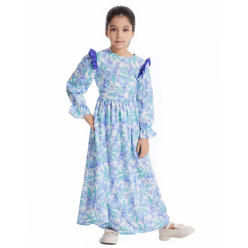 Abaya Girls Long Sleeve Dresses,Muslim Floral Dress for Kids,Conservative Outfits,Full Cover Robe Gown,Children's Beaching Dress