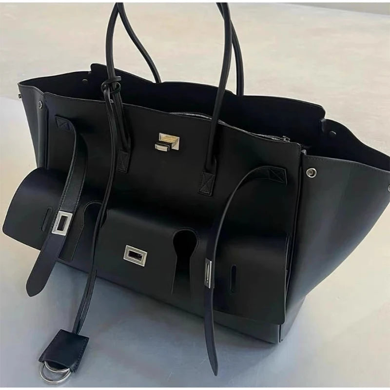 Luxury Brand Silver Buckle Fashion Genuine Leather Handbag New Large Capacity Tote Bag Designer Women's Commuter Shoulder Bag