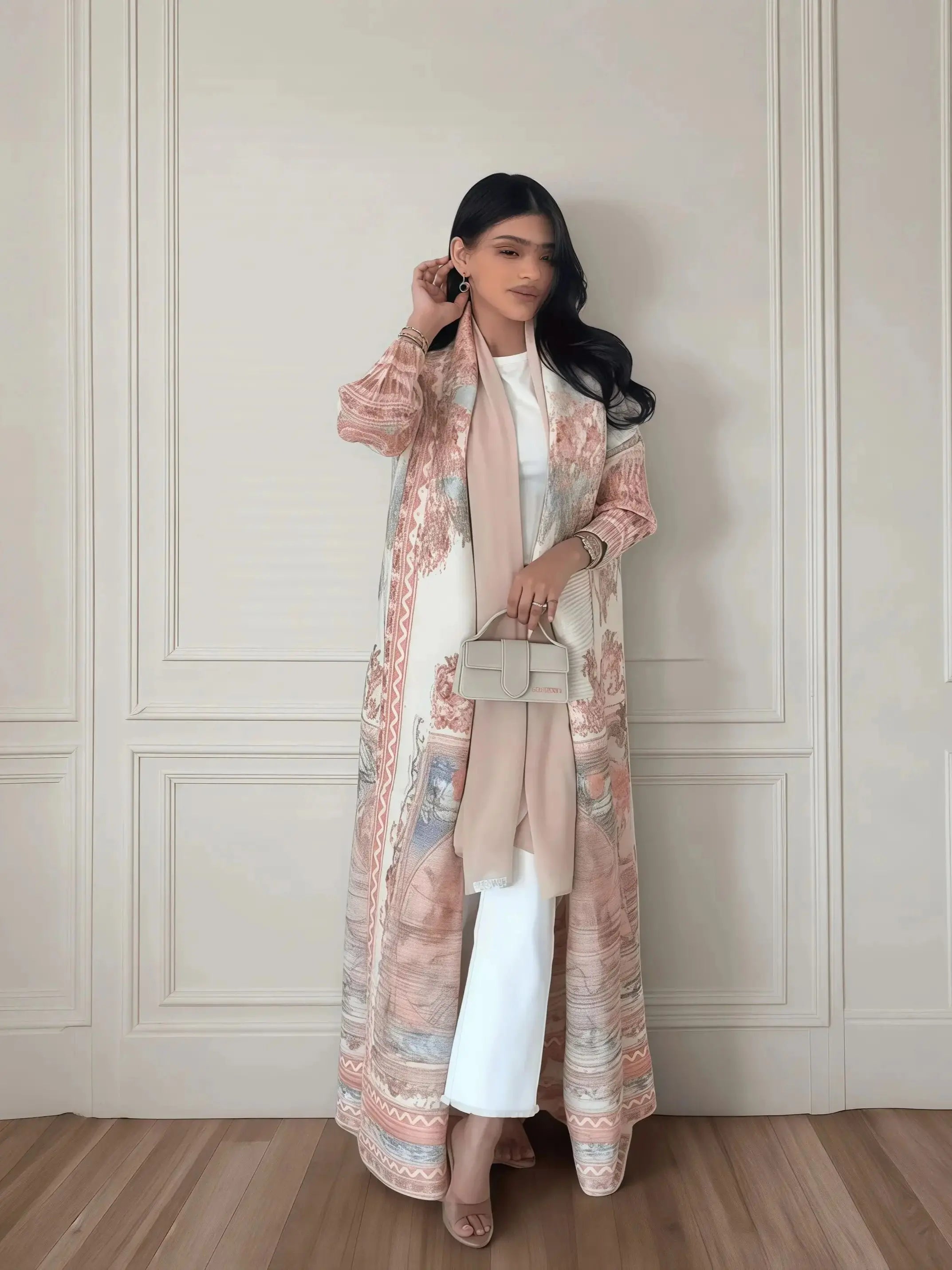 Autumn Women's Long Coat, Retro Printed Long Sleeved Muslim Abaya Saudi Fashion Wrinkled Waist Belt