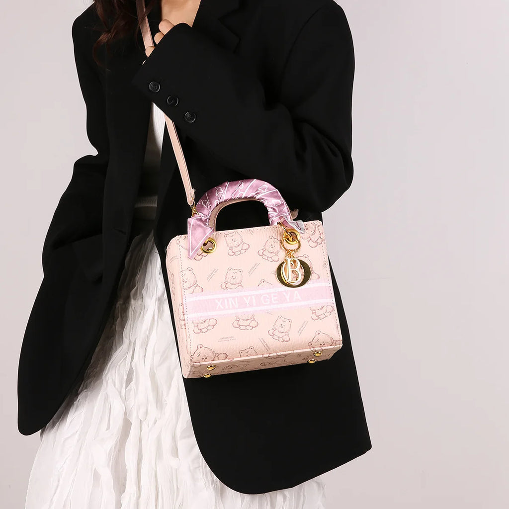 Luxury Bear Print Tote Bag for Women 2025, French Inspired Bucket Shoulder Purse, High Quality PU Leather Crossbody Bag