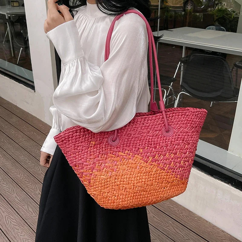 Summer Seaside Beach Bag Hand-woven Large Capacity Straw Tote Bag Gradient Color Design Women 's Travel  Vacation Shoulder Bag