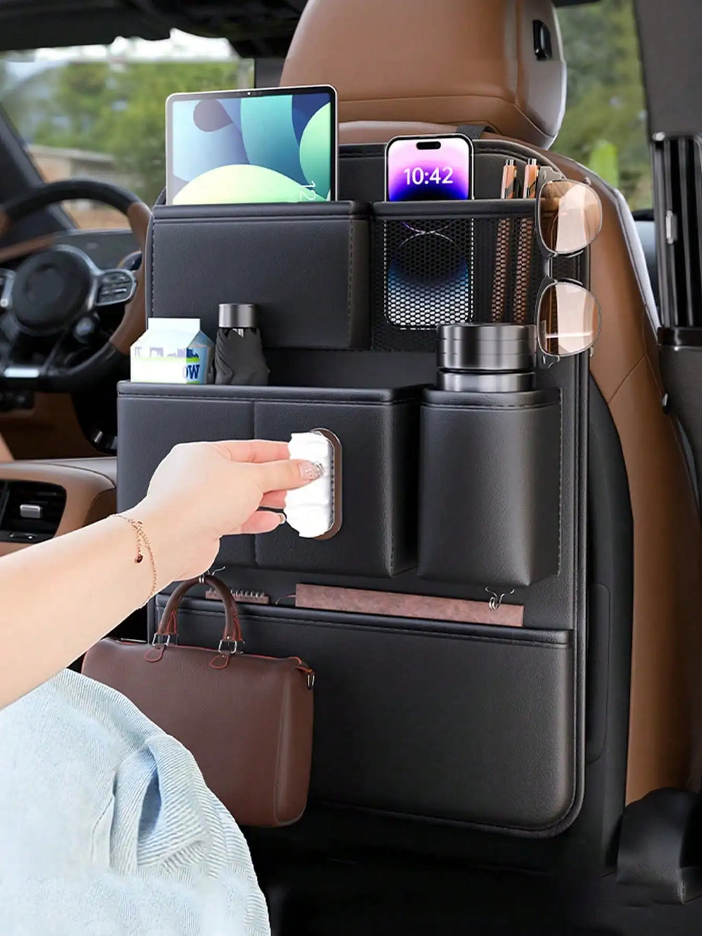 1pc Car Seat Back Organizer, In-Car Seat Back Folding Table, Multi-Functional Storage Box, Storage Supplies