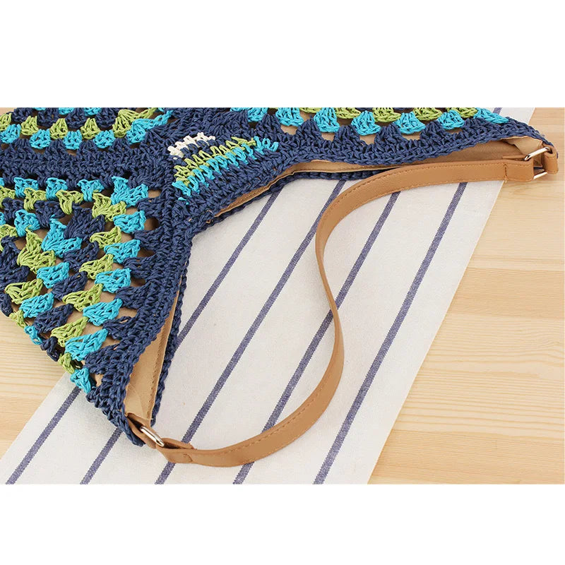 Summer Bohemian Braided Handbag Casual Tote Hollow Straw Beach Bag Woven Shoulder Bag Raffia Rattan Shopping Travel Bag