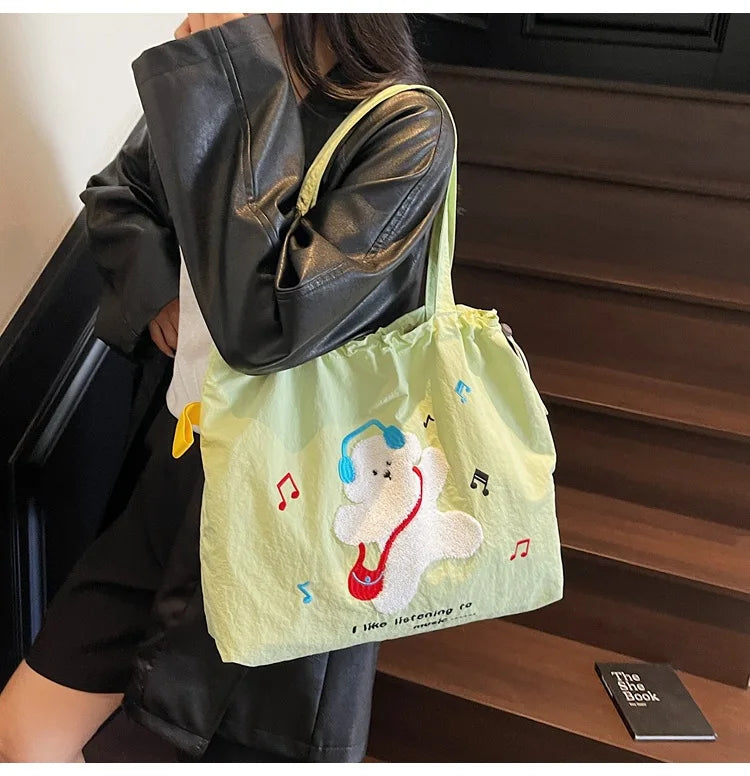 Leisure Large Capacity Single Shoulder Bag Trendy Embroidered Nylon Tote Bag School Style Sweet Handle Bag