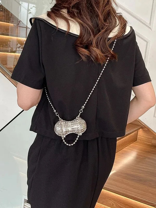 Luxury Diamond Inlay Peanut Shape Crystal Clutch Purse Stones Evening Wedding Party Shoulder Bag Handle Rhinestone Mini Handbags