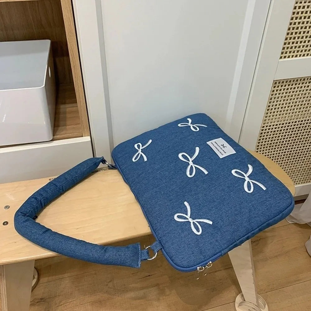 Portable Fashion Computer Bag 14 Inches Shockproof Laptop Bag Soft Bowknot Embroidered Tablet Carring Case Daily Commute