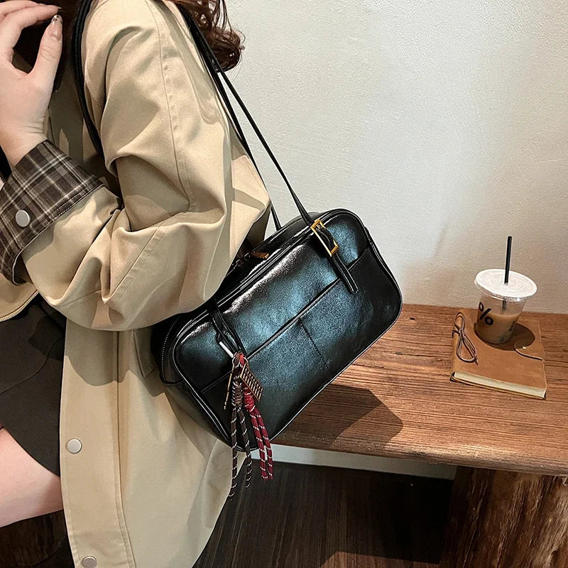 Luxury Black PU Leather Crossbody Bag for Women - Golden Buckle Strap & Red/Black Plaid Tassel, Y2K Underarm Bags Work Bag