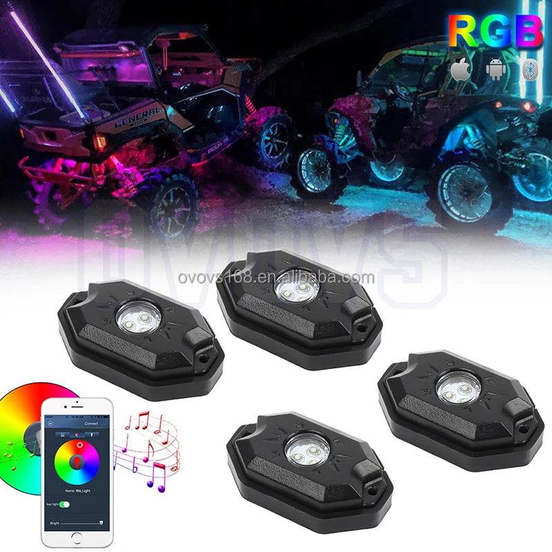 RGB LED Rock Lights Kit 4 Pods Underglow Multicolor Neon Light Pod With Blue Tooth App Control For Truck ATV UTV RZR SUV