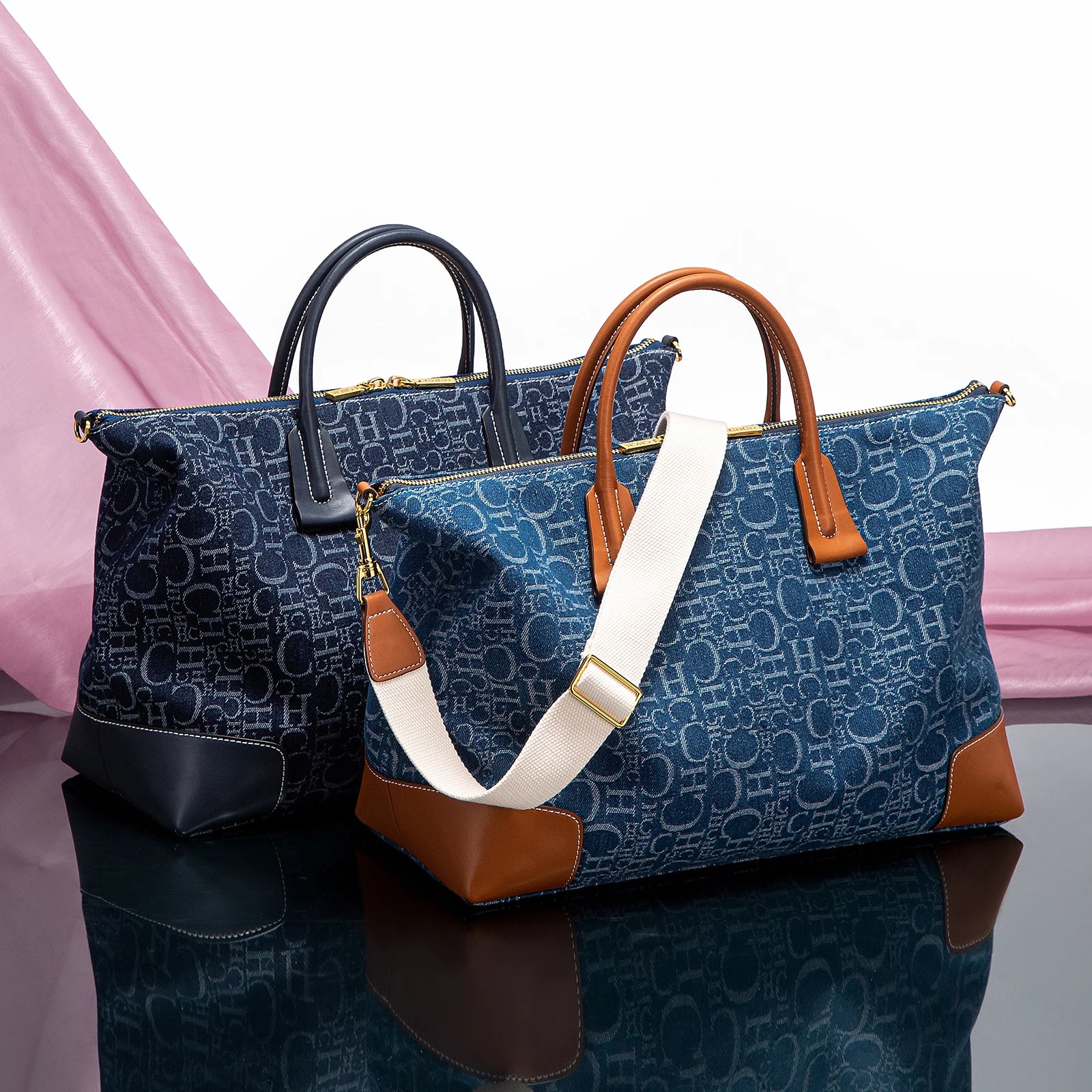 Geometric Letter Pattern Travel Totes – Sophisticated Blue Fabric  Leather Accents Metallic  for Urban Mobility Chic Versatility