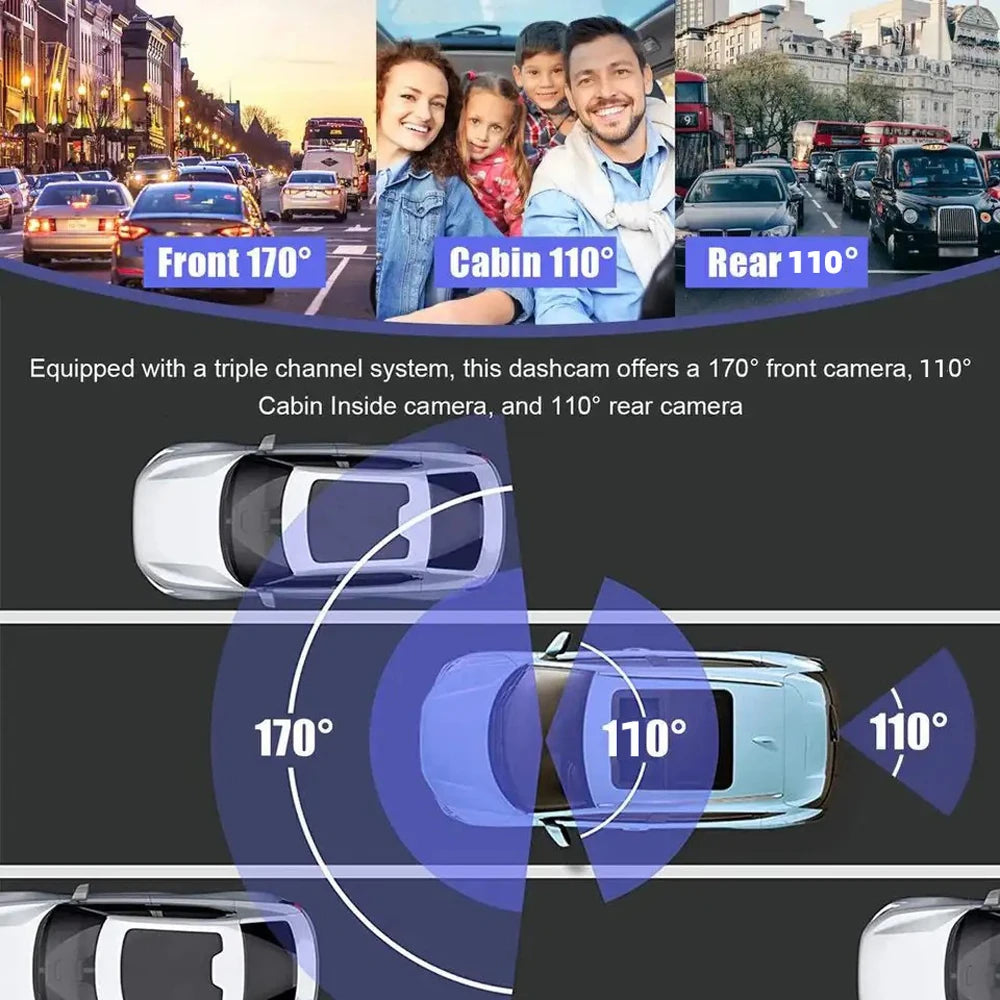 Dash Cam HD 1080P for Car DVR 3CH 360 Camera 24H Parking Monitor & GPS Night Vision Auto Video Recorder 128Gmax Vehicle DVR