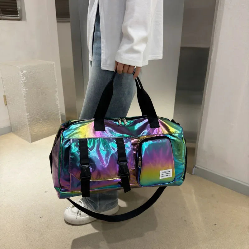 Holographic Glamour Duffel Bag - Spacious,Stylish Shoulder Tote with Shoe Compartment for Effortless Weekend Escapes -