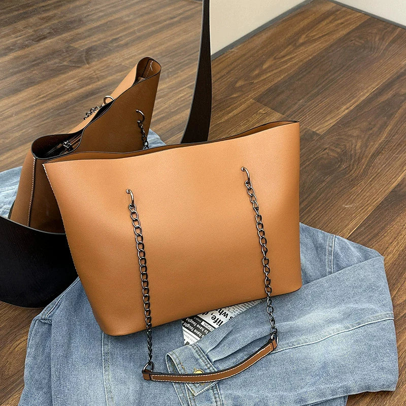 Luxury PU Leather Tote Bag For Women New Chains Shoulder Bag Large Capacity Handbag Travel Female Handle Bag bolso