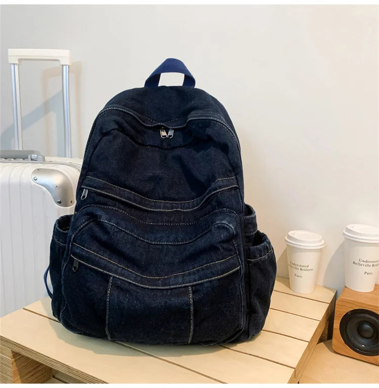 Blue Denim Backpacks For Women 100% Cotton Leisure Or Travel Bags Unisex Large Capacity Canvas Satchels Cloth Korea School Bags