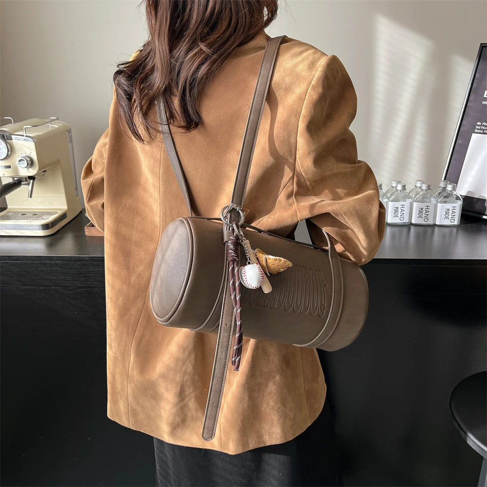 Multifunctional Cylinder Shaped Shoulder Bags For Women 2024 Winter Latest Designer Handbags Luxury Cross Body Bag With Pendant