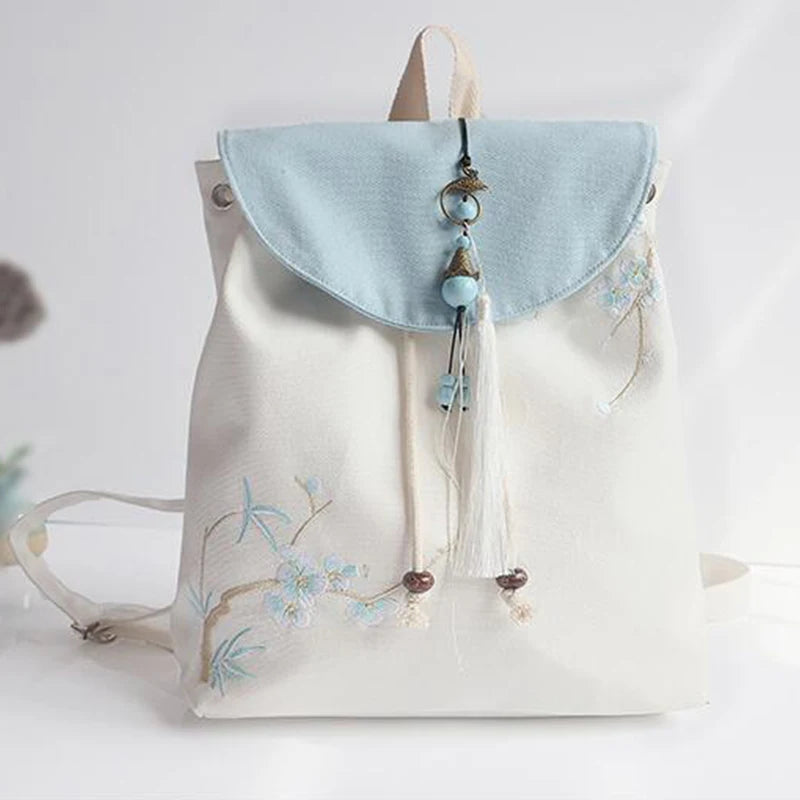 Women's Canvas Embroidered Flower Tassel Backpack Chinese Style Hanfu Casual Pendant Multi Pocket Large Capacity Girls Handbag