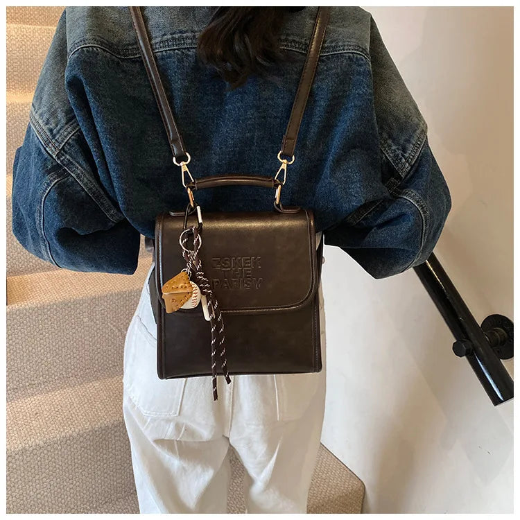 Casual Retro Large Capacity Women's Backpack Fashionable Versatile Stylish Satchel Crossbody Bag New Black City Simple Style PU